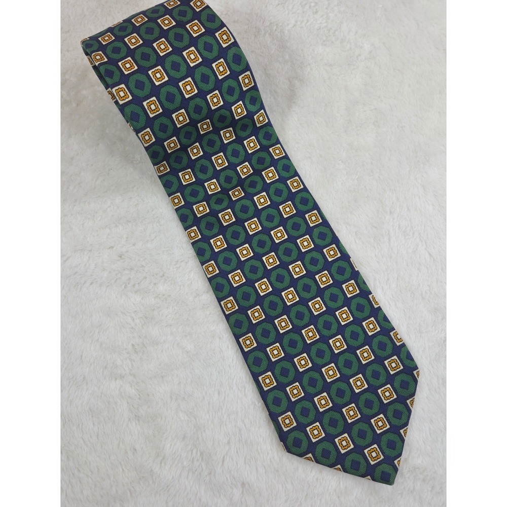 Vintage Brook Brothers Makers SIlk Tie Blue Green Geometric Medallion USA Made